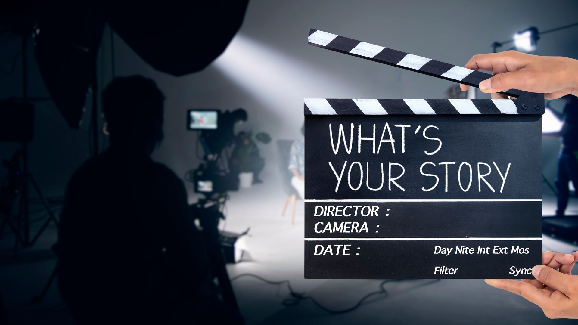 What's your story, Handwriting on film slate or clapperboard .film crew working in the studio. What's your story, Handwriting on film slate or clapperboard .film crew working in the studio.